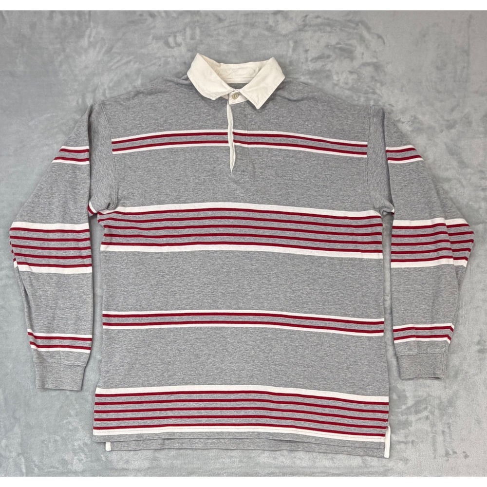 St Johns Bay Mens Rugby Polo Shirt Large Tall Gray Red Striped Long Sleeve